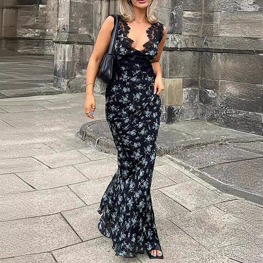 Damen Maxikleid mit floralen Spitzenakzenten EB
