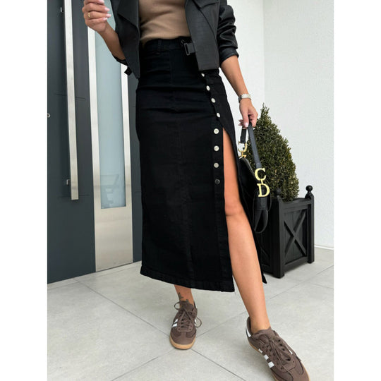 Damen Denim-Midirock mit seitlichem Schlitz und Knopfdetails EB