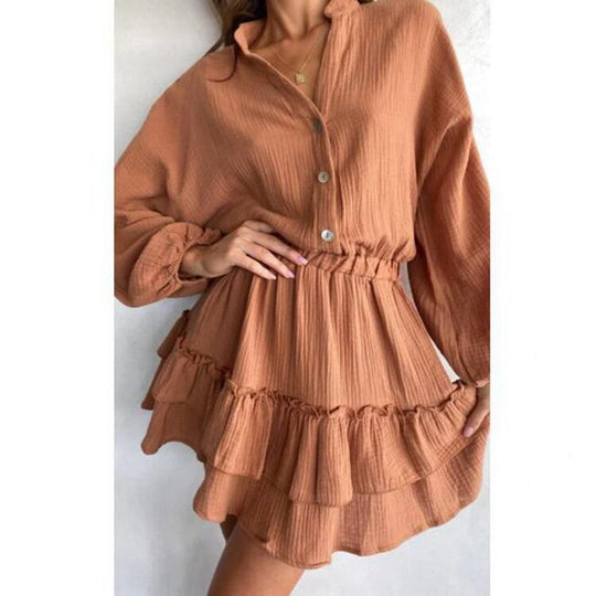 Damen Mini-Hemdblusenkleid mit aufregendem Rüschensaum und elastischem Taillenzug Heidi-Mode