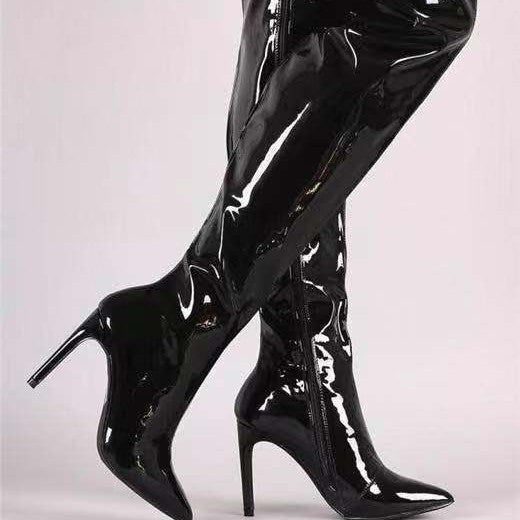 Damen Overknee Stiefel mit glänzender Oberfläche und elegantem Stiletto-Heel EB