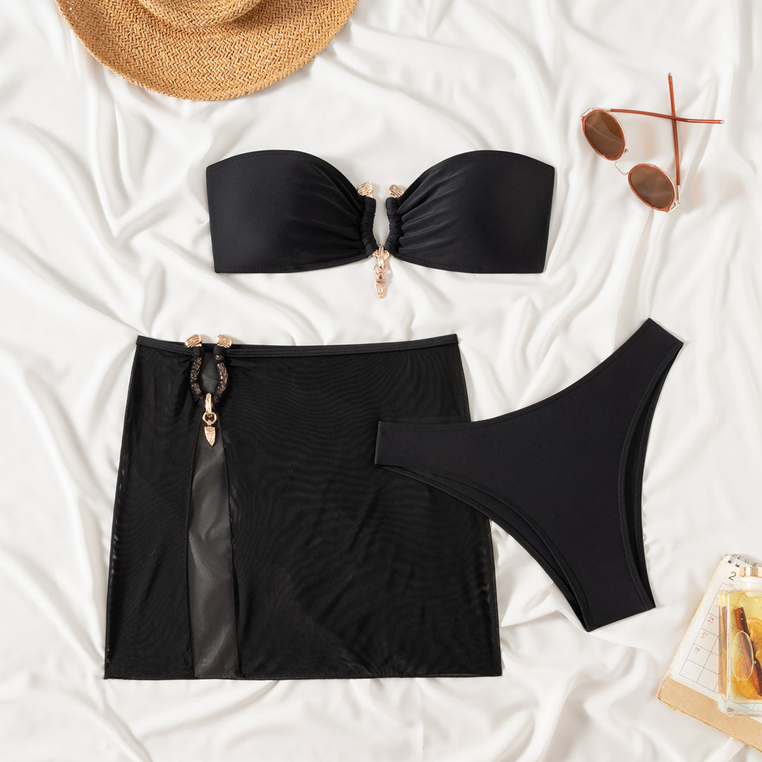 Damen Bandeau-Bikini Set mit eleganter Rock-Overlay EB