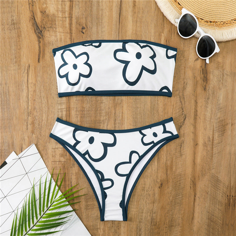 Damen Bandeau-Bikini mit floralem Muster und hohem Schnitt EB