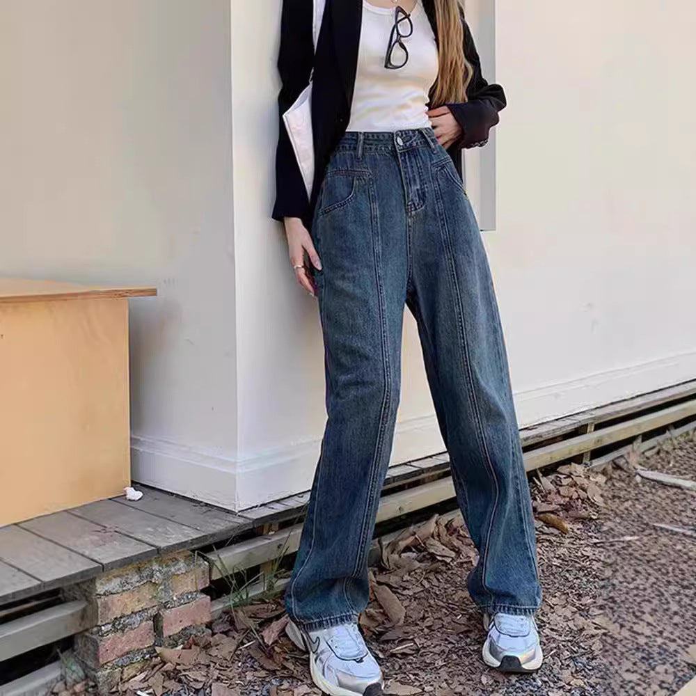 Damen Weite Denim-Hose mit hoch tailliertem Schnitt und lässigem Design EB