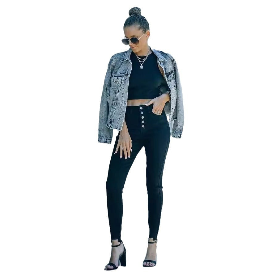 Damen Hochtaillierte Skinny Jeans mit knöpfbarem Bund und figurbetontem Schnitt EB