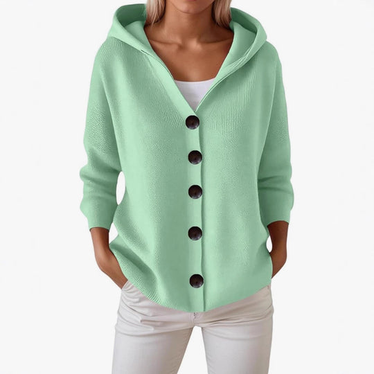 Damen Kapuzen-Strickjacke mit großen Holzknöpfen und seitlichen Eingrifftaschen EB
