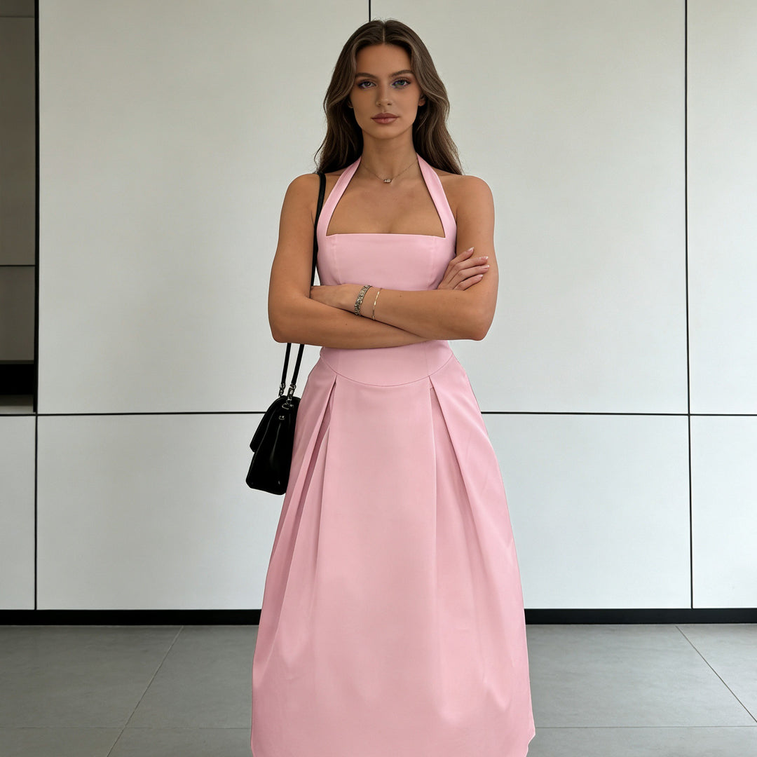 Damen Elegantes Midikleid mit tiefem V-Ausschnitt und stilvollem Faltenrock EB