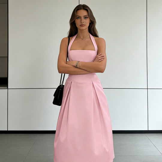 Damen Elegantes Midikleid mit tiefem V-Ausschnitt und stilvollem Faltenrock EB