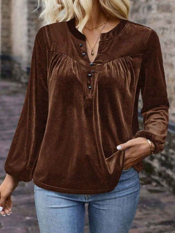 Damen elegante Samtbluse mit dekorativen Knöpfen EB