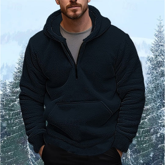 Herren nan sherpa fleece-hoodie mit halbem Reißverschluss, Kapuze und großer Kängurutasche EB