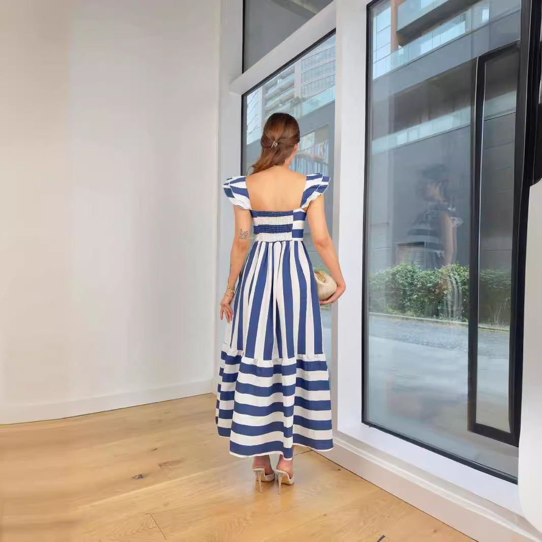 Damen Maxi-Kleid mit verspieltem Streifenmuster und Rüschendetails EB