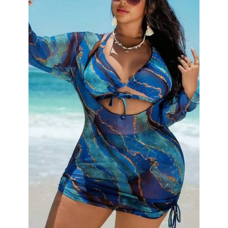 Damen Strandkleid mit transparenten Einsätzen und modischem Wickel-Design EB