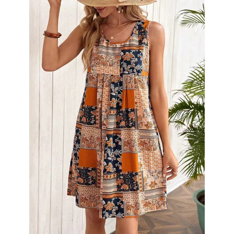 Damen Freizeitleinenkleid mit buntem Patchwork-Design EB