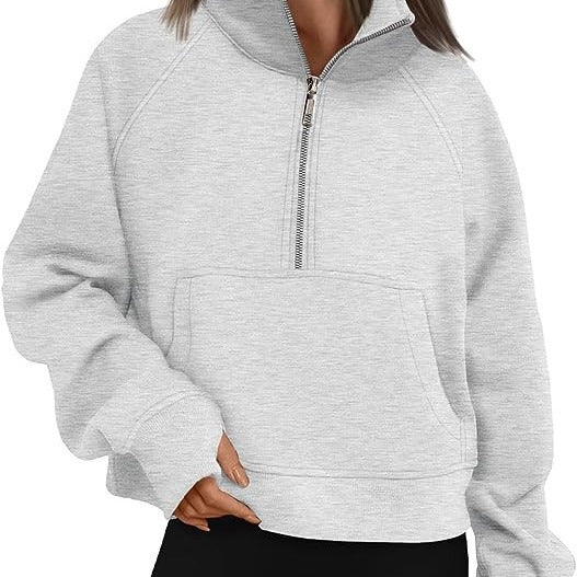 Damen nan cropped Halbzip-Sweatshirt mit hohem Stehkragen, Kängurutasche und überschnittener Schulter EB