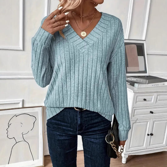 Damen V-Ausschnitt Strickpullover mit Rippenstruktur und lässigem Schnitt EB