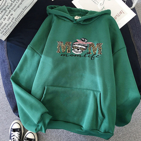 Damen nan Kapuzenpullover mit "Momlife" Skull-Print, Kängurutasche, weichem Fleece-Innenfutter und lockerer Oversize-Passform EB