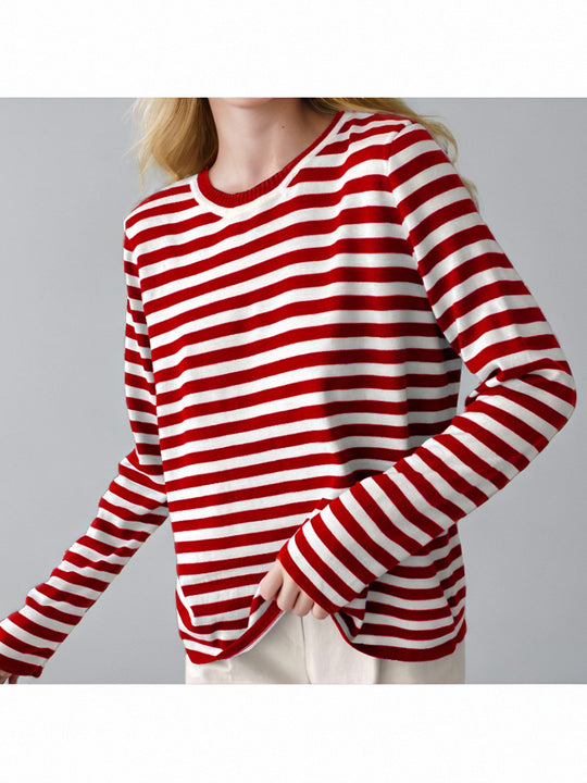 Damen gestreifter Langarmpullover mit Rundhalsausschnitt und lässigem Schnitt EB