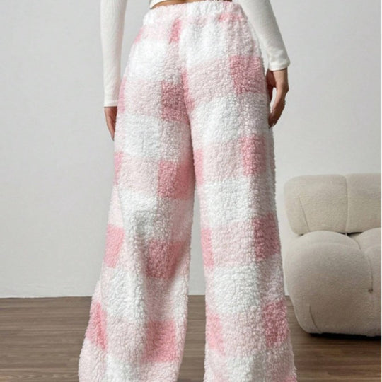 Damen nan kuschelige karierte Fleece-Hose mit Tunnelzugbund und weitem Bein EB