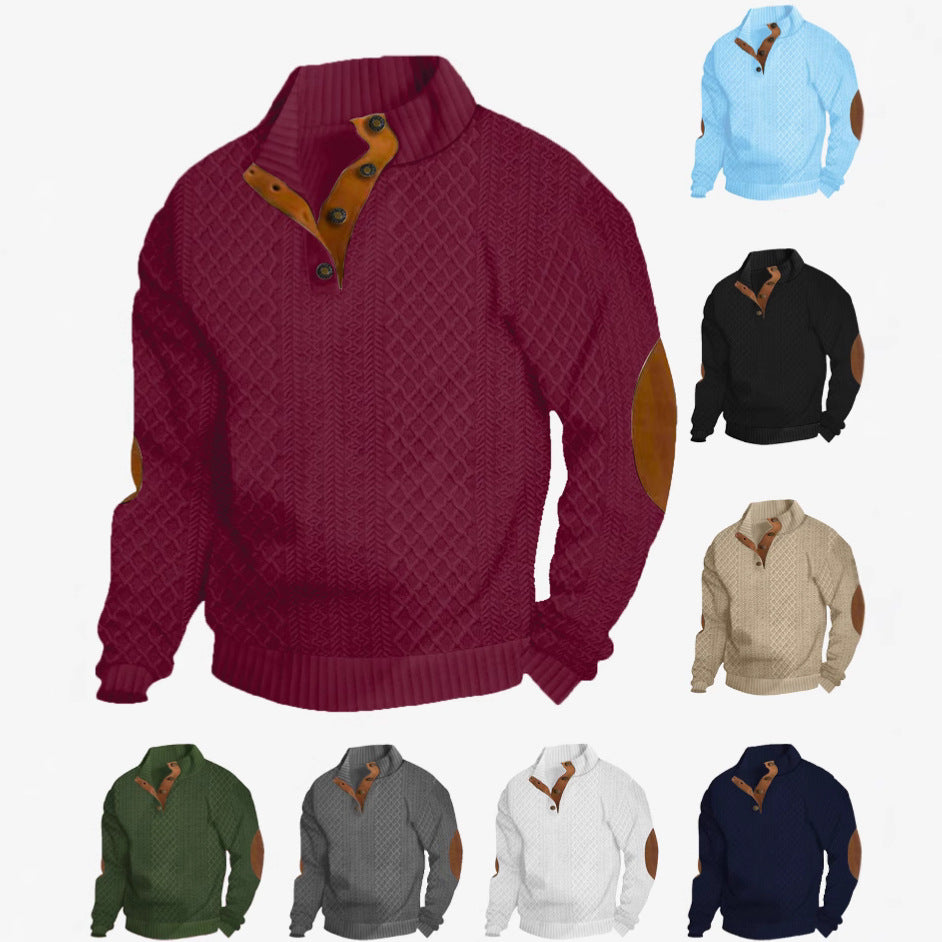 Herren nan Grobstrickpullover mit Stehkragen Lederbesatz und Ellenbogenauflagen EB