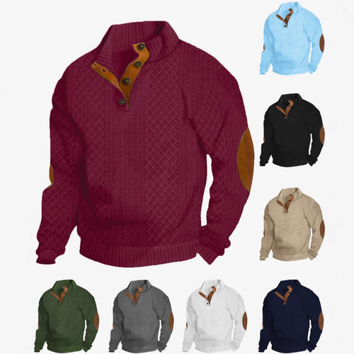 Herren nan Grobstrickpullover mit Stehkragen Lederbesatz und Ellenbogenauflagen EB