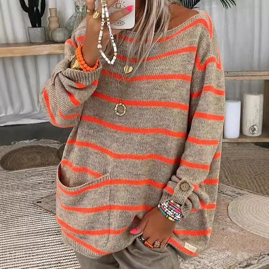 Damen Oversized Strickpullover mit eleganten Streifen und praktischen Taschen EB