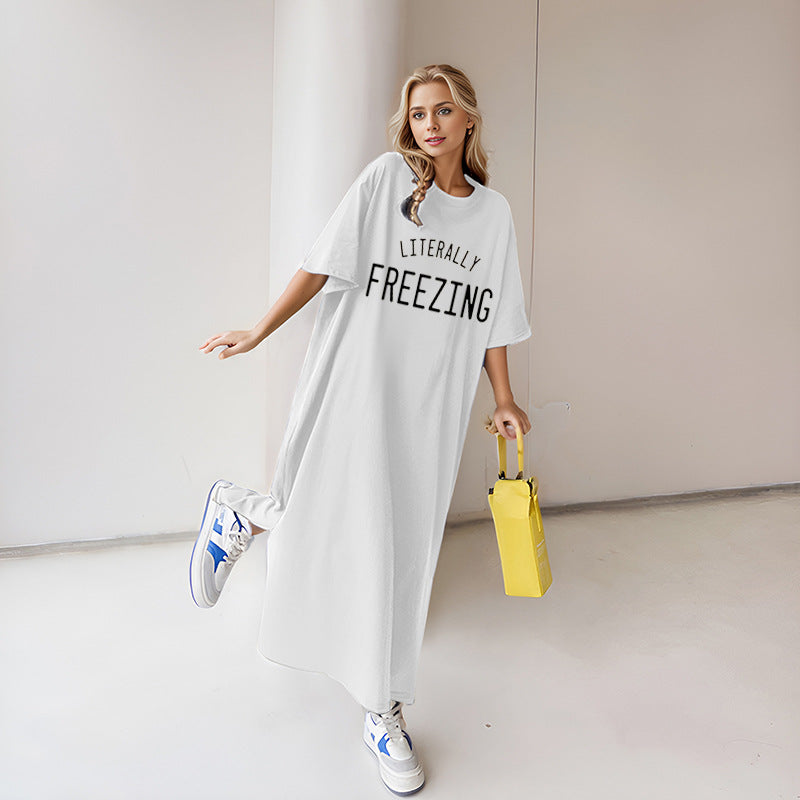 Damen nan lässiges Oversize Maxi-T-Shirt-Kleid mit Rundhals und Statement-Print EB