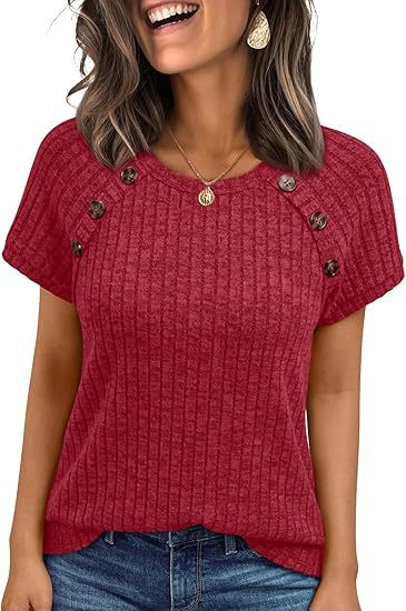 Damen lässiges Rippenstrick-T-Shirt mit Knöpfen EB