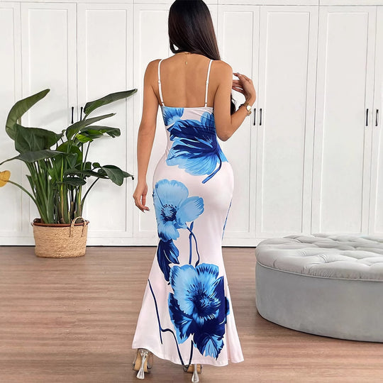 Damen Floral Maxikleid mit zarten Spaghetti-Trägern und figurbetontem Schnitt EB