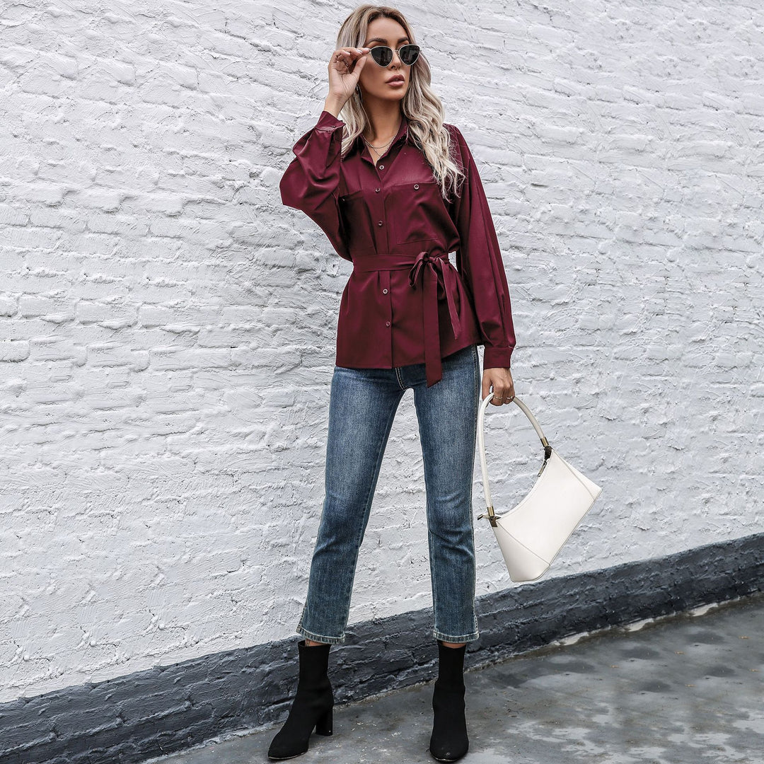 Damen Elegantes Hemdblusenshirt mit Taillengürtel und hochwertigem Satin Material EB