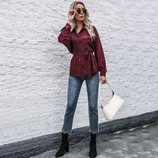 Damen Elegantes Hemdblusenshirt mit Taillengürtel und hochwertigem Satin Material EB