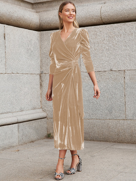 Damen Elegantes Wickelkleid mit Puffärmeln und Goldakzenten EB