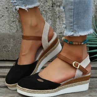 Damen Wedgesandalen mit elastischem Riemen und Jute-Applikation EB