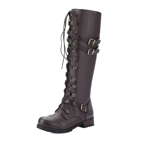 Damen nan kniehohe Schnürstiefel im Militär-Vintage Stil mit dekorativen Riemen und verstellbaren Schnallen EB