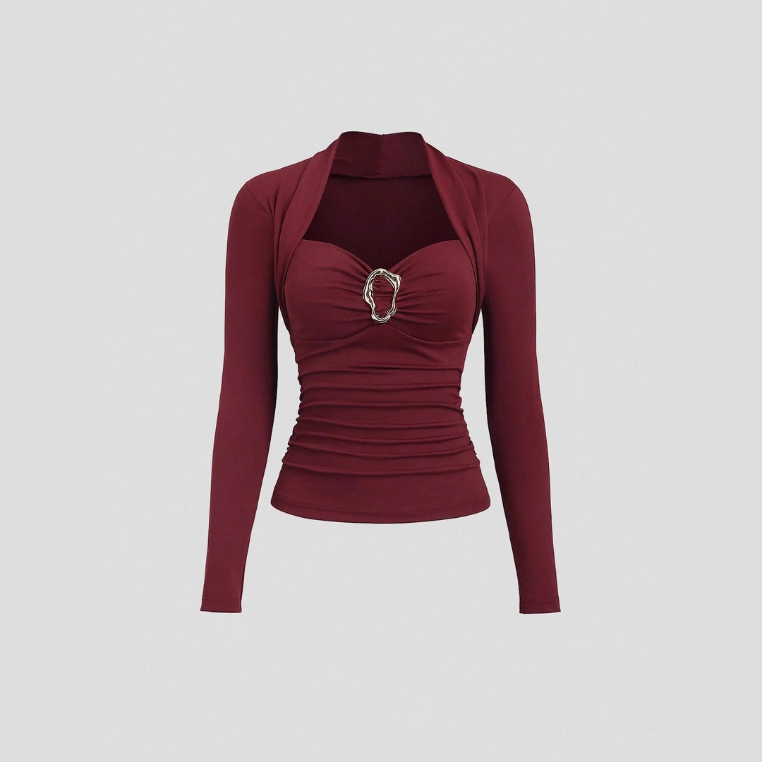 Damen nan figurbetontes Raffung-Top mit herzförmigem Dekolleté, Bustier-Optik und goldener Schmuckklemme EB