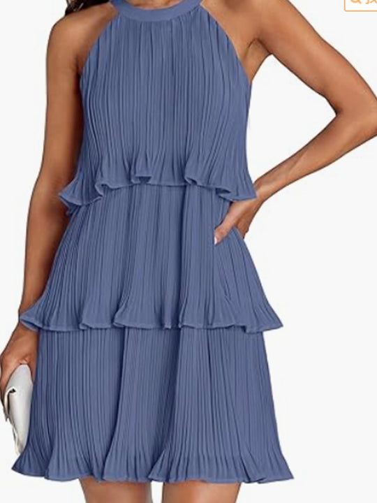 Damen Kleid mit schwingendem Faltenrock und Spitzenrüsche EB