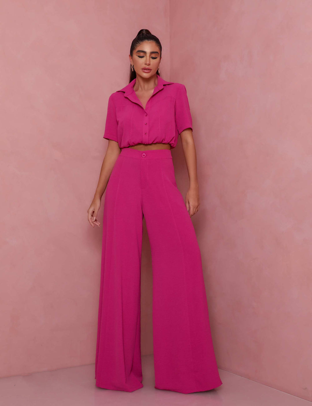 Damen Elegantes Kurzarm-Blusen und Palazzo-Hosen-Ensemble EB