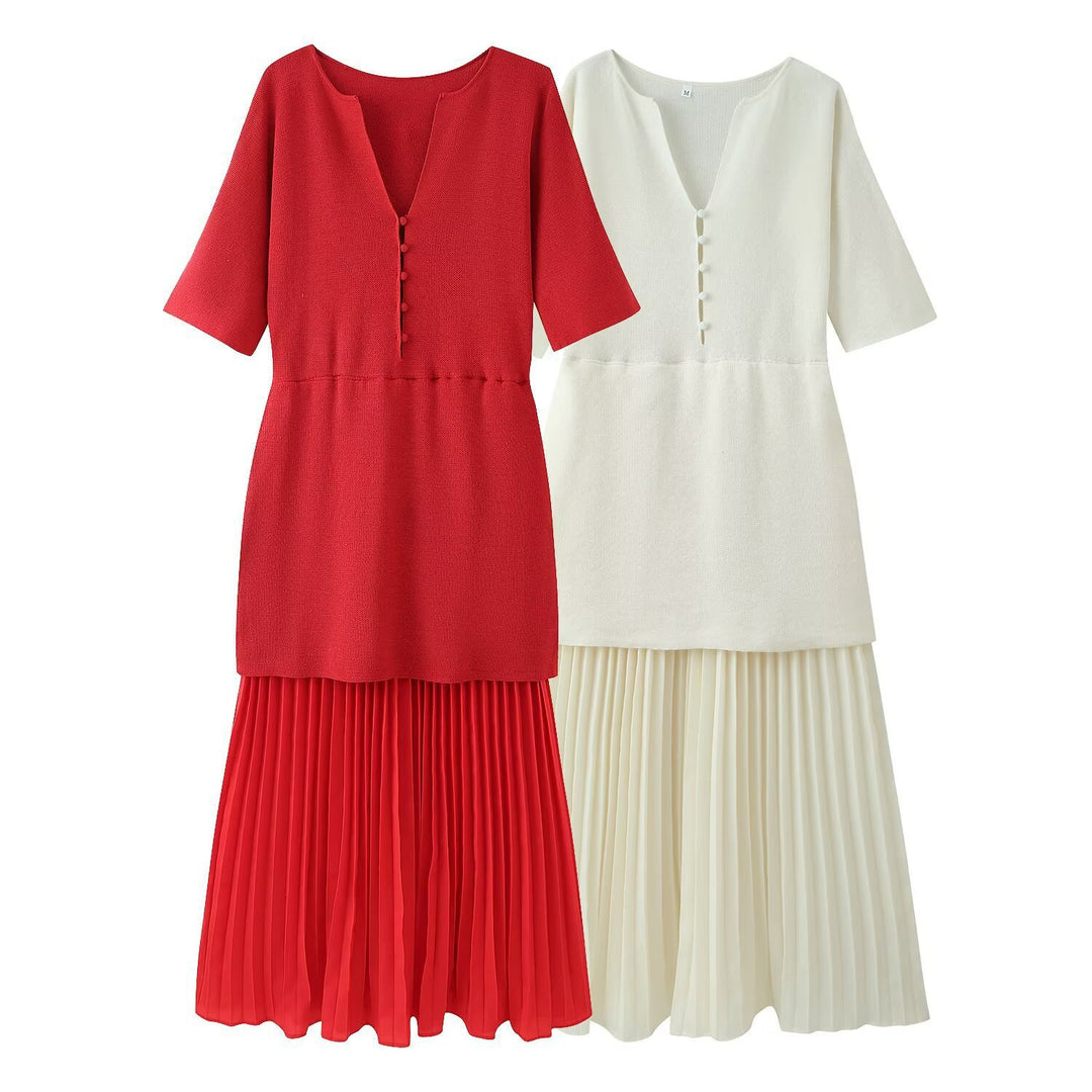 Damen elegantes Maxikleid mit plissierten Details und V-Ausschnitt EB