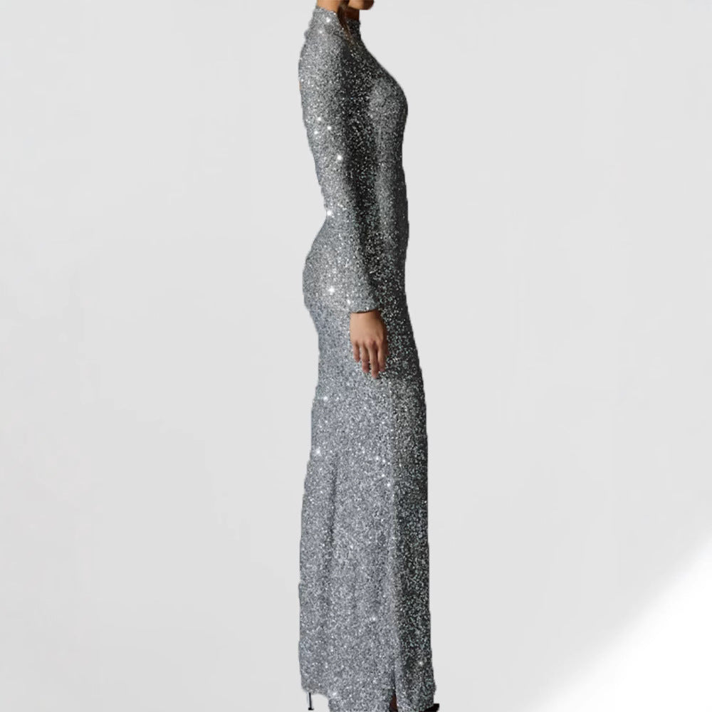 Damen Glamouröses Abendkleid mit langem Arm und schimmerndem Schlitz EB