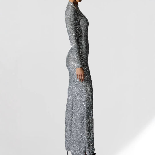 Damen Glamouröses Abendkleid mit langem Arm und schimmerndem Schlitz EB