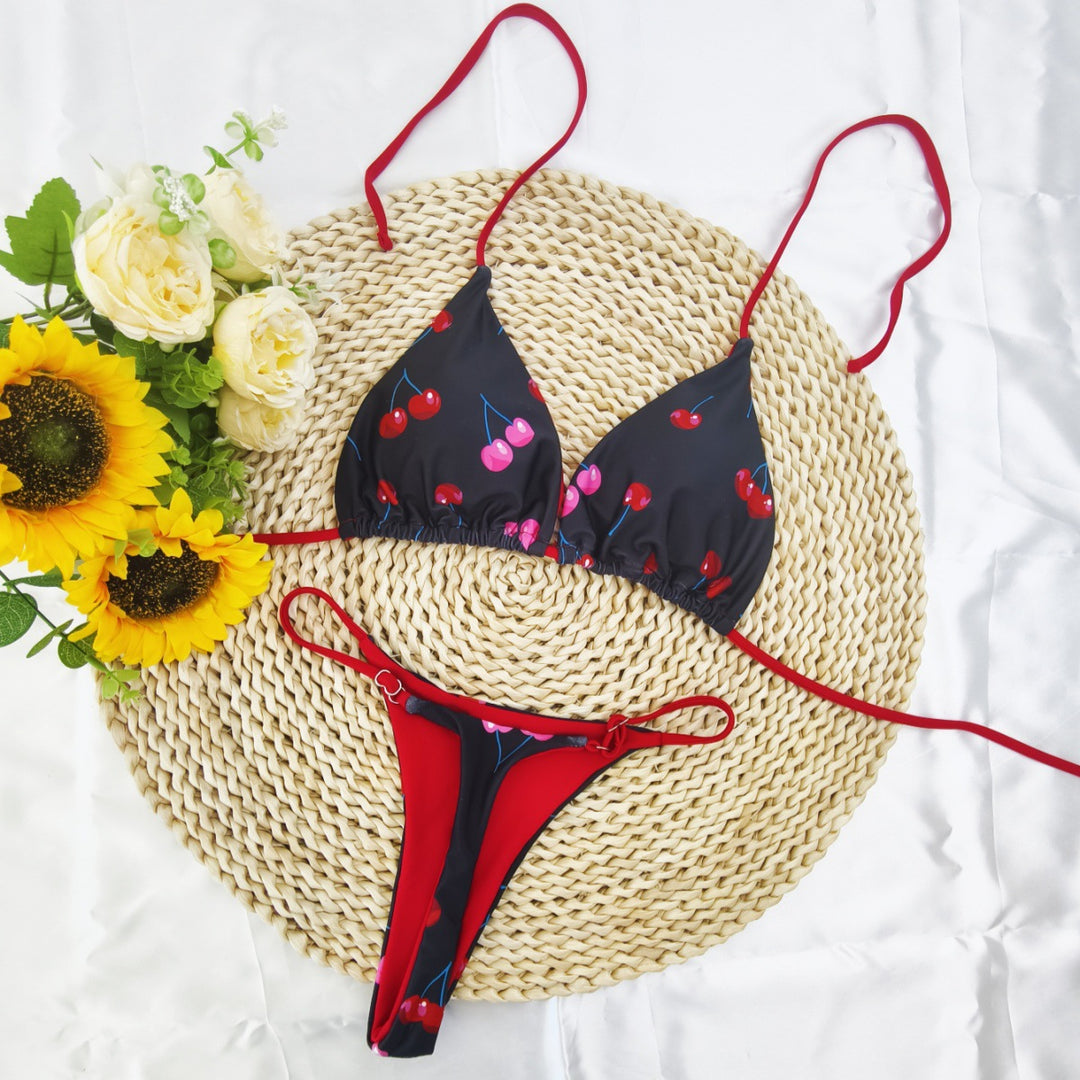 Damen Triangel-Bikini-Set mit fröhlichem Kirschmuster und verstellbaren Trägern EB