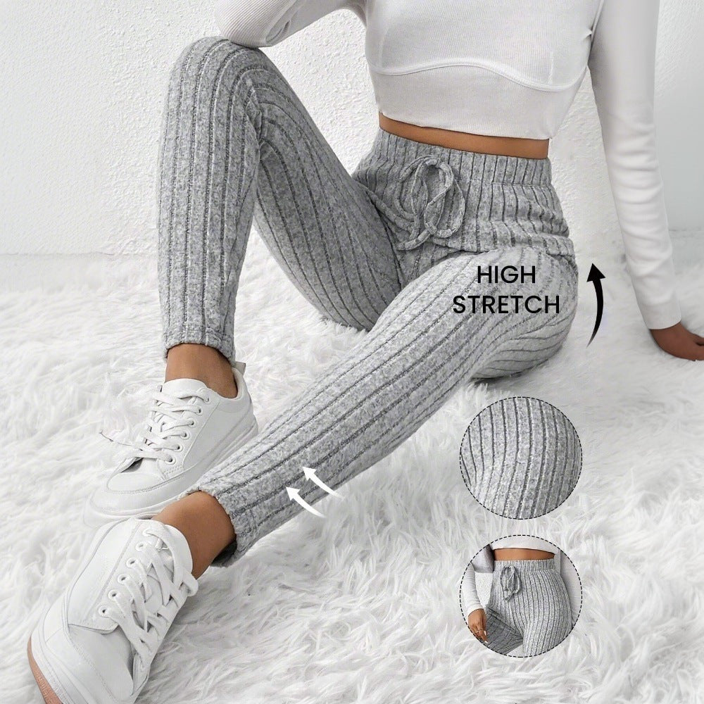 Damen gerippte Highwaist-Stricklegging mit Tunnelzug, elastischer Bund und figurbetonter Skinny-Passform Eichborn Berlin