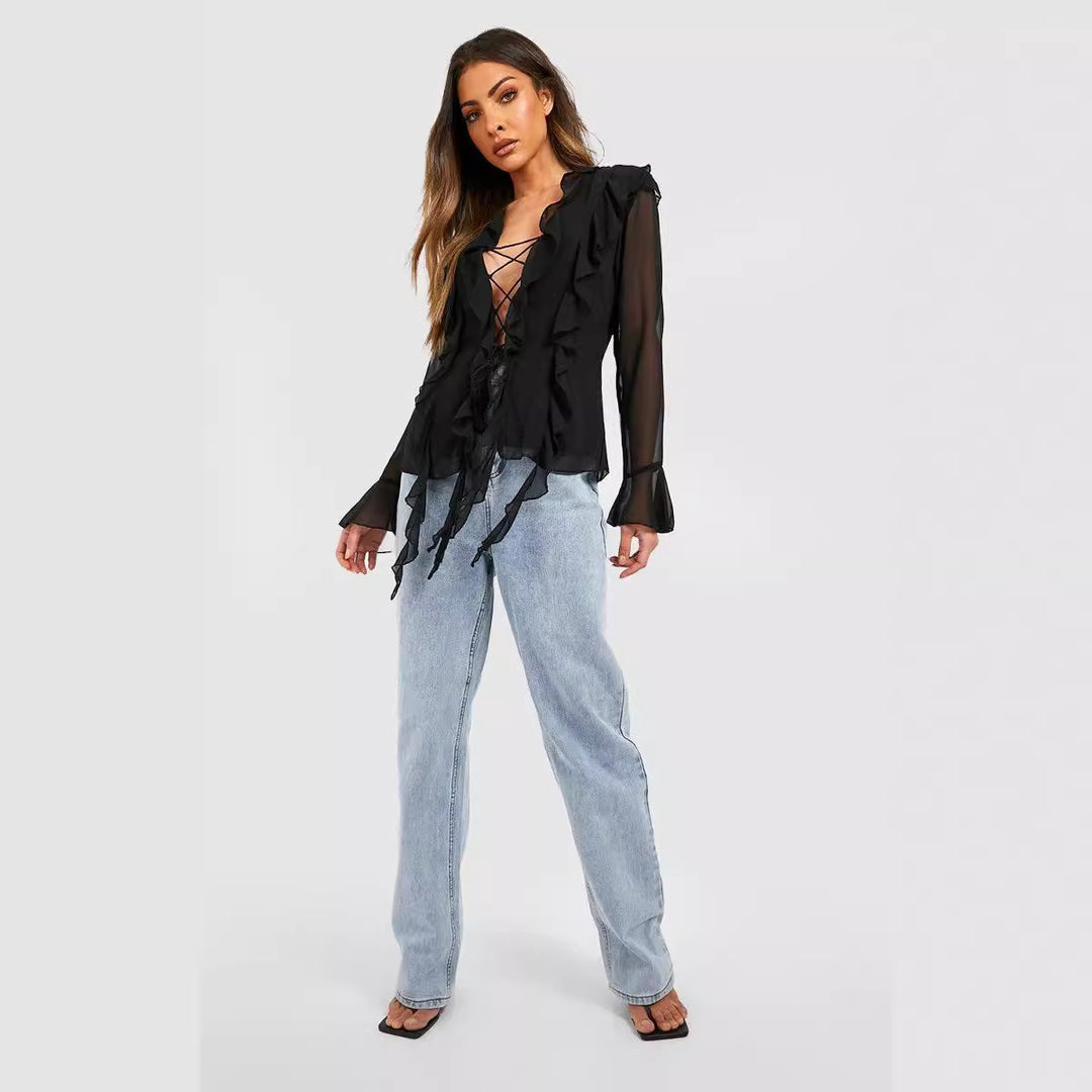 Damen Rüschenshirt mit eleganten Schnürdetails und transparenten Ärmeln EB