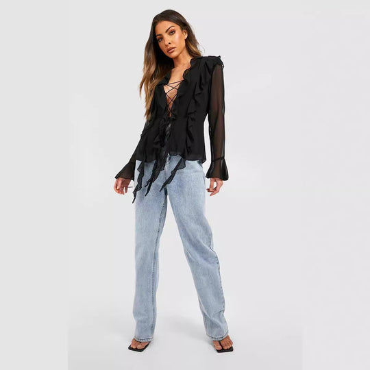 Damen Rüschenshirt mit eleganten Schnürdetails und transparenten Ärmeln EB