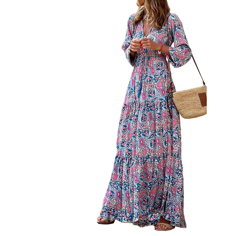 Damen Maxikleid mit floralen Mustern und voluminösen Ärmeln EB