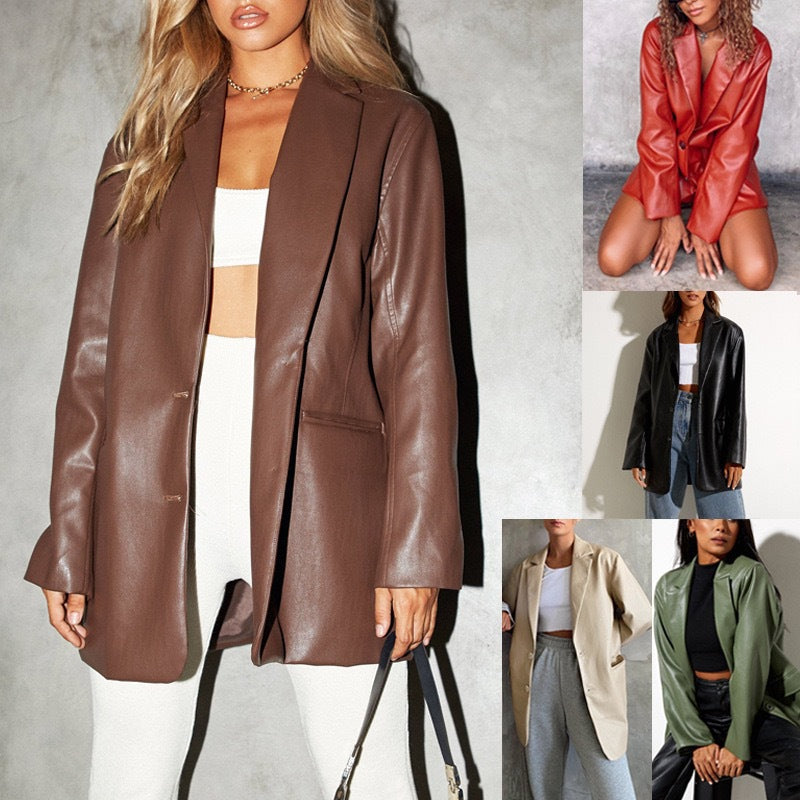 Damen Oversized Kunstleder Blazerjacke EB