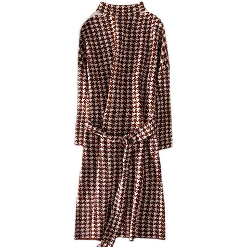 Damen elegantes Kleid mit modernem Hahnentrittmuster und Gürtel EB