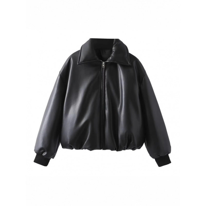 Damen lässige Boxy-Jacke aus weichem Kunstleder mit elastischem Bund EB