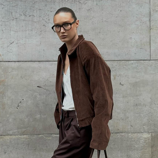 Damen Modische Cordjacke mit lässigem Schnitt und geradem Kragen EB