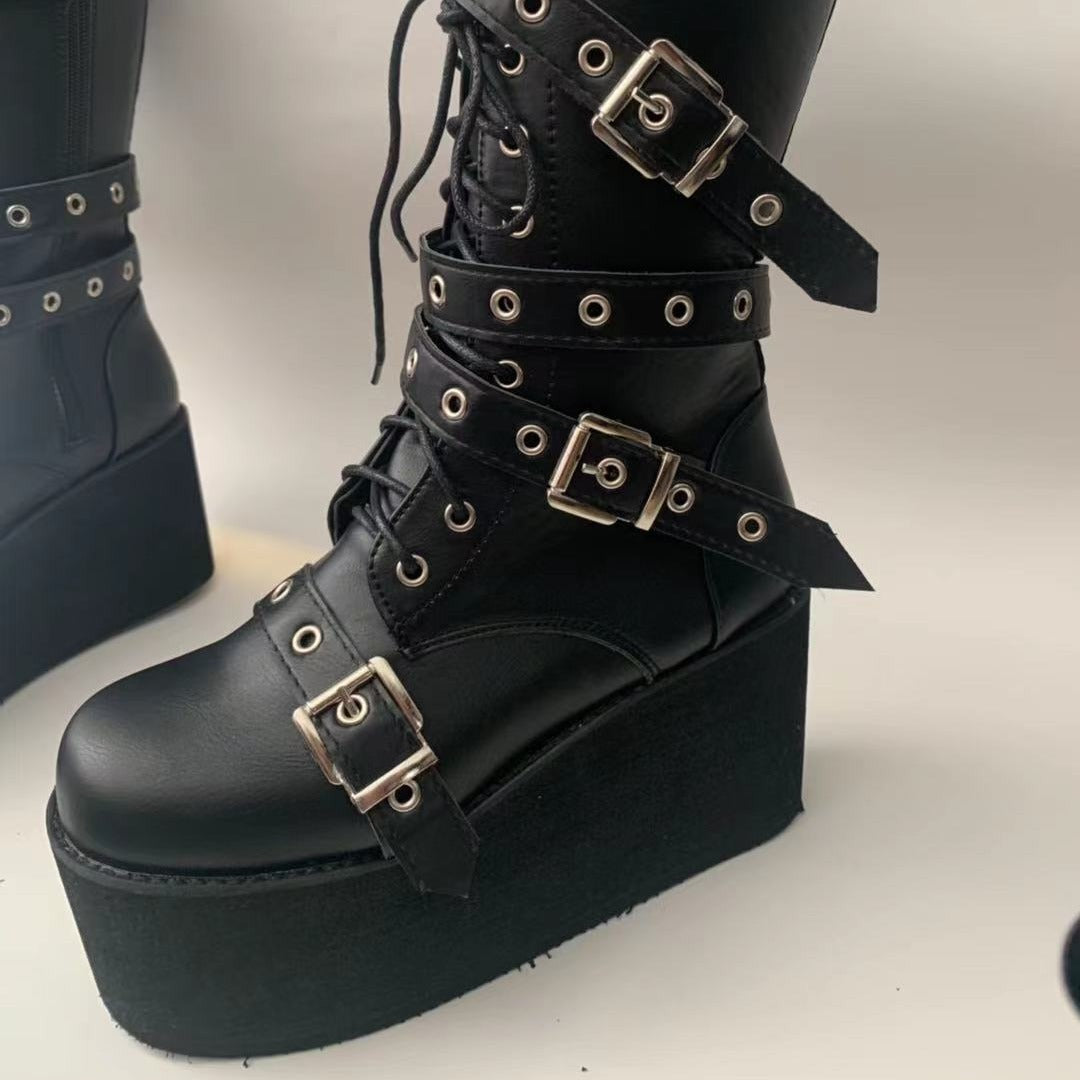 Damen plateau Combatstiefel mit Schnallen Ösen Schnürung und seitlichem Reißverschluss EB
