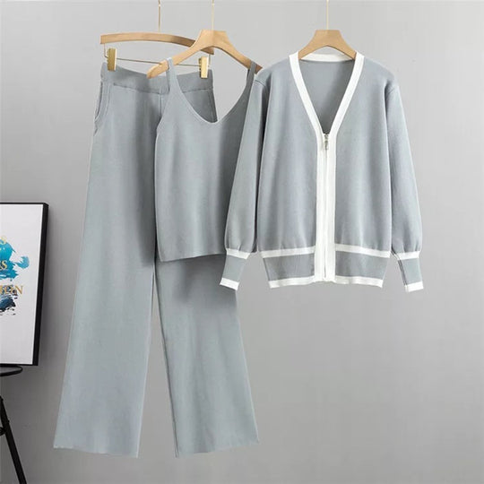 Damen lässiges Strick-Loungewear-Set mit hochwertigem Zip-Cardigan und Weitbein-Hosen EB