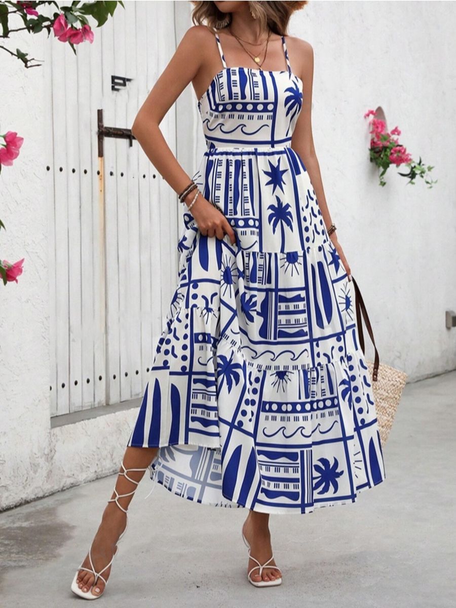 Damen Maxikleid mit angesagtem Grafikdruck und verstellbaren Spaghettiträgern EB